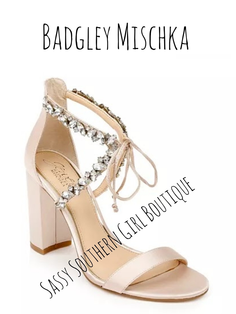🆕⭐Badgley Mischka Women's Champagne Crystal Lace-Up Block Heel Sandals